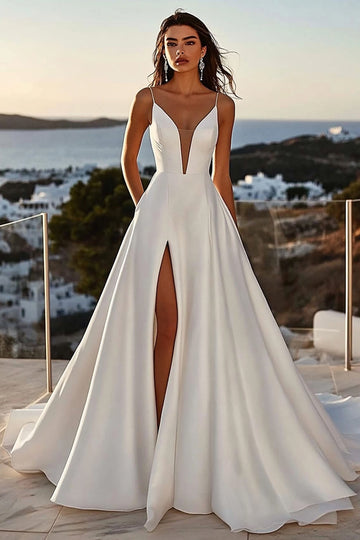 Ivory Satin Sweep Train Spaghetti Straps A Line Wedding Dress with Slit
